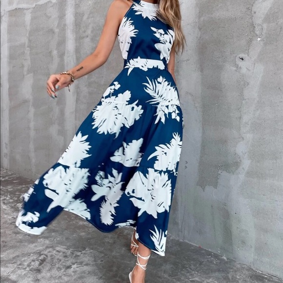 Boho floral plants cutout back ruffle hem dress - Picture 9 of 10